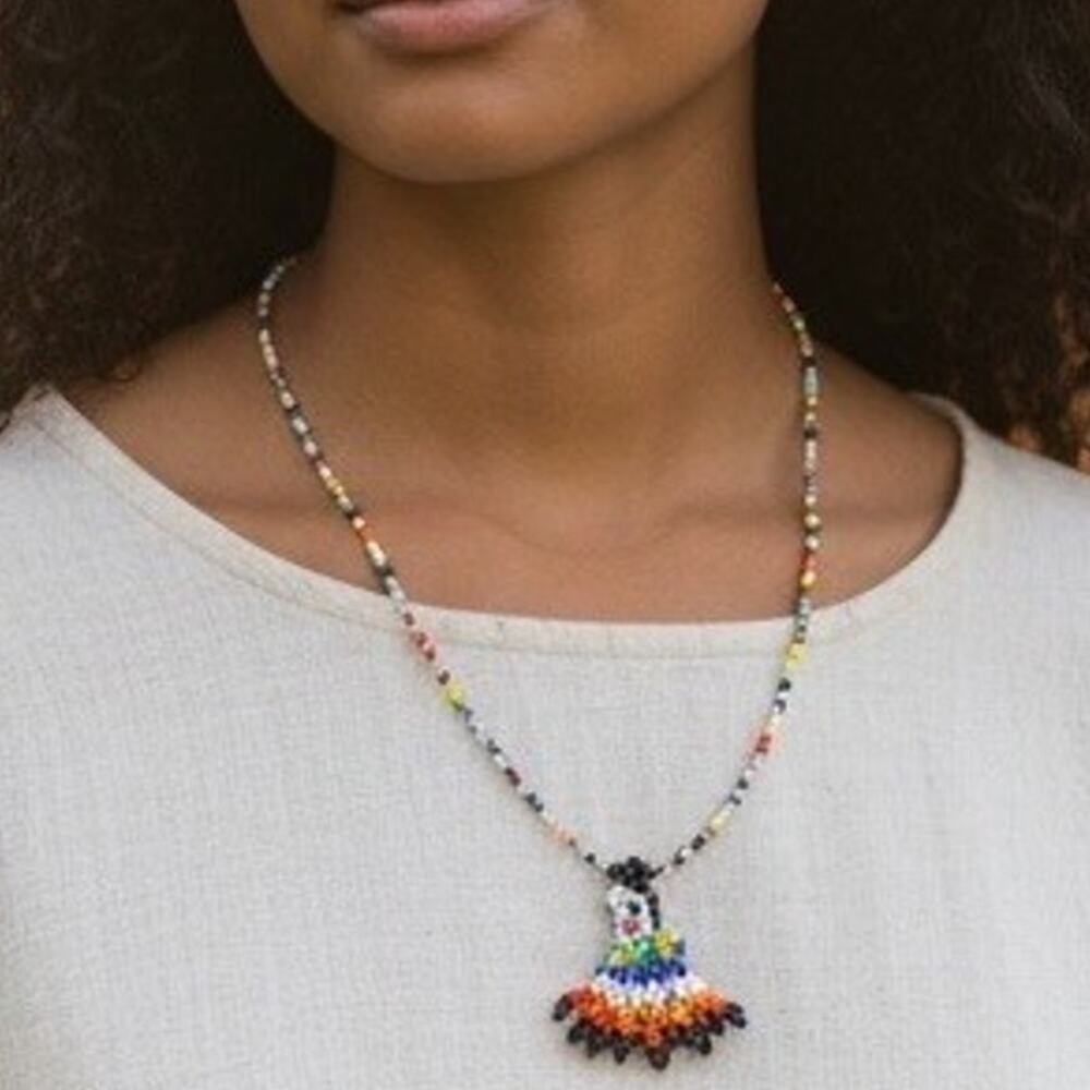 Beaded Tiny Doll Woman Pendant Necklace Tiniest Seed Beads Handmade